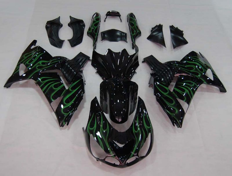 Fairings For Kawasaki ZX14R Black & Green Flame Ninja (2006-2011)