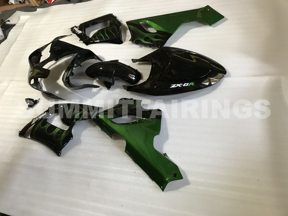 Fairings For Kawasaki ZX6R 636 Black & Green Flame Ninja (2005-2006)