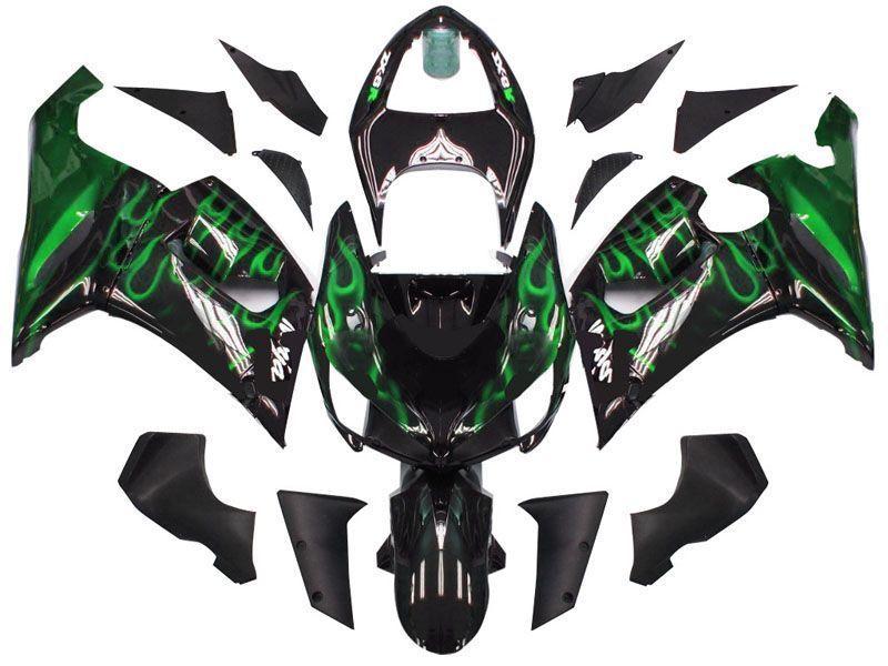 Fairings For Kawasaki ZX6R 636 Black & Green Flame Ninja  (2005-2006)