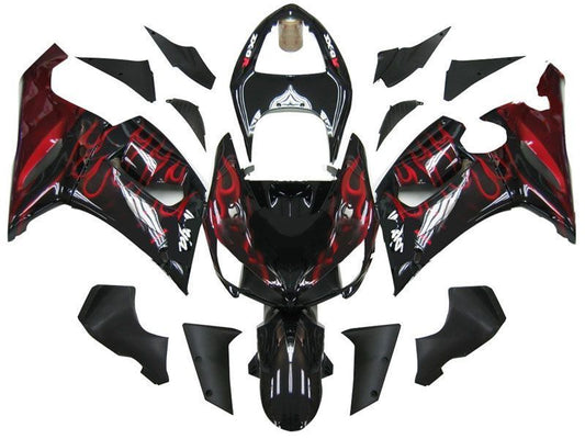 Fairings For Kawasaki ZX6R 636 Black & Red Flame Ninja  (2005-2006)